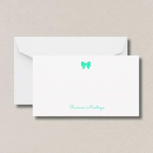 Simple Seafoam Green Chic Bow Handwritten Name  Note Card (Creator Uploaded)
