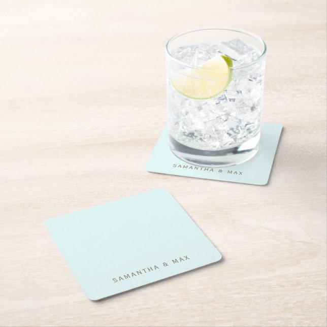 Simple Seafoam Personalized Modern Wedding Square Paper Coaster (Insitu)
