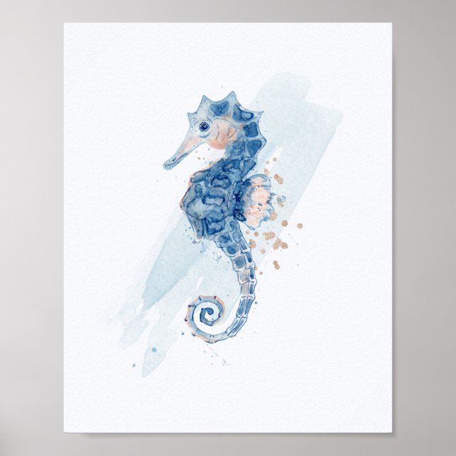 Simple Seahorse Blue & Gold Watercolor Aquatic Poster (Front)