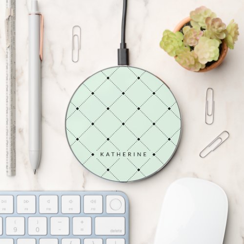 Simple Seamless Pattern Custom Name Mint Wireless Charger