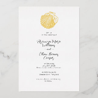 Simple Seashell and Watercolor Fishscale Foil Invitation