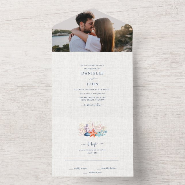 Simple Seashell Beach Photo Wedding All In One Invitation (Inside)