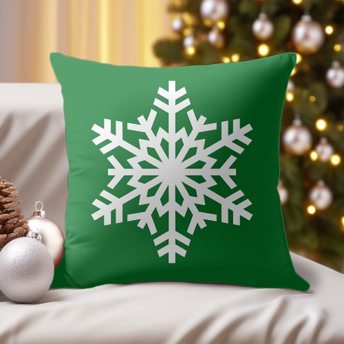 Simple Seasonal Snow White Ice Crystal On Green Throw Pillow