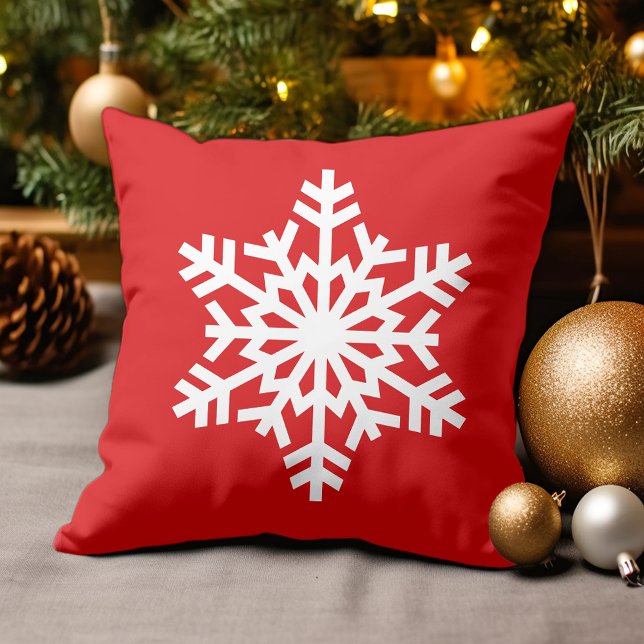Simple Seasonal Snow White Ice Crystal On Red Throw Pillow (Creator Uploaded)