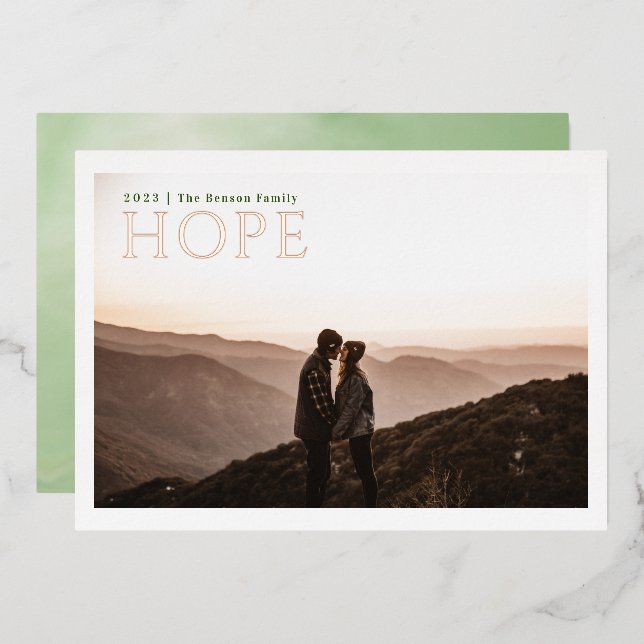 Simple Serif HOPE Green Watercolor Real Foil Holiday Card (Front/Back)