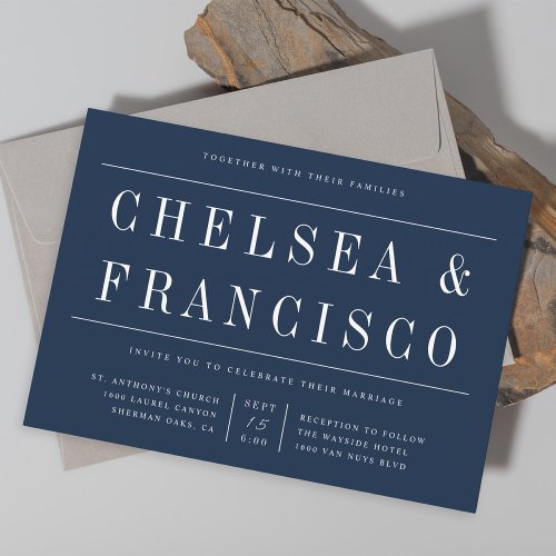 Simple Serif Modern Typography Navy Blue Wedding Invitation