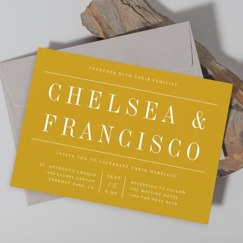 Simple Serif Modern Typography Yellow Gold Wedding Invitation