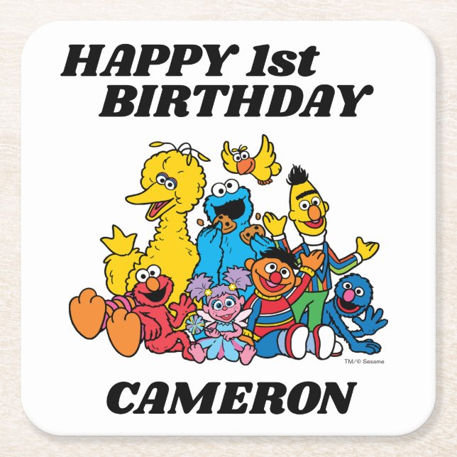 Simple Sesame Street Pals 1st Birthday Square Paper Coaster (Front)