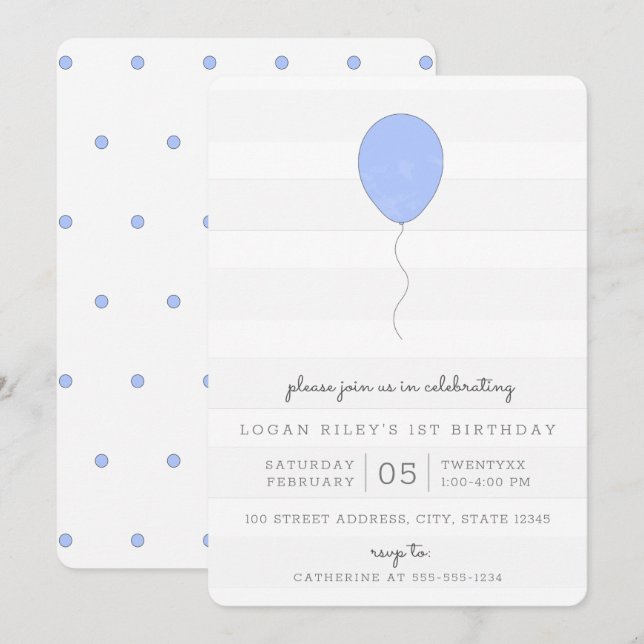 Simple Shabby Chic Blue and Gray Balloon Birthday Invitation (Front/Back)