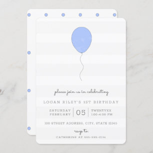 Simple Shabby Chic Blue and Gray Balloon Birthday Invitation