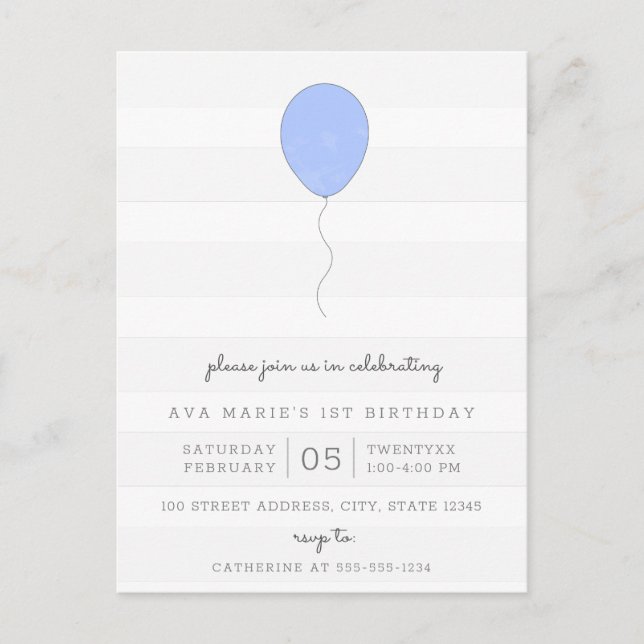 Simple Shabby Chic Gray and Blue Balloon Birthday Postcard (Front)