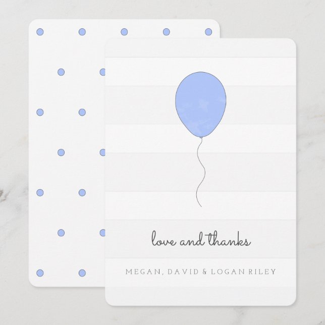 Simple Shabby Chic Gray and Blue Balloon Birthday Thank You Card (Front/Back)