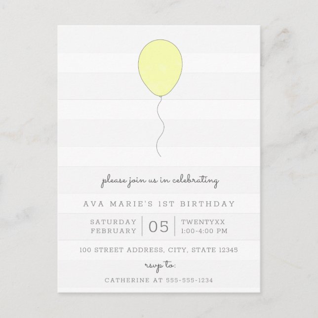 Simple Shabby Chic Gray & Yellow Balloon Birthday Postcard (Front)