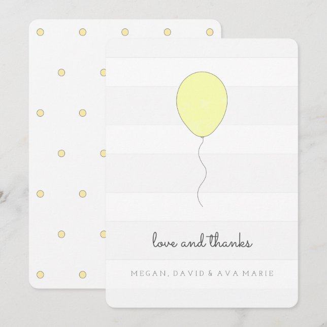Simple Shabby Chic Gray & Yellow Balloon Birthday Thank You Card (Front/Back)