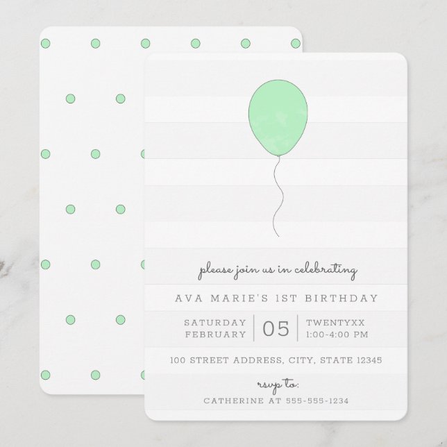 Simple Shabby Chic Green and Gray Balloon Birthday Invitation (Front/Back)