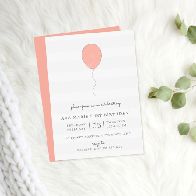 Simple Shabby Chic Pink and Gray Balloon Birthday Invitation (Creator Uploaded)