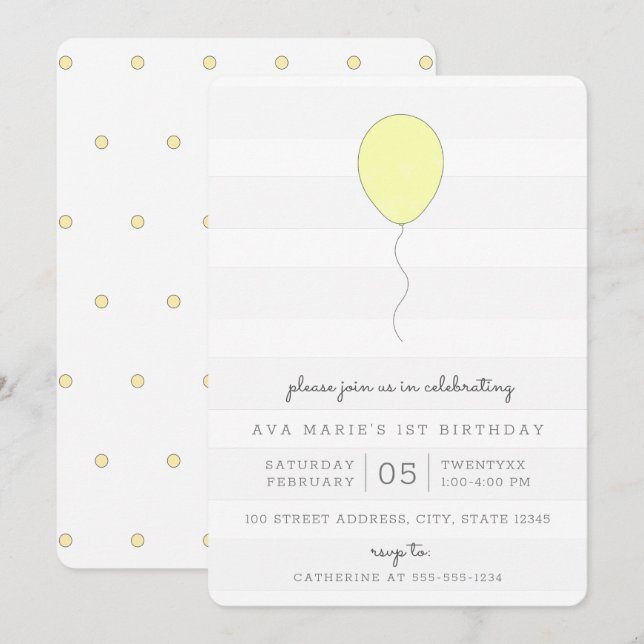 Simple Shabby Chic Yellow Balloon Birthday Invitation (Front/Back)