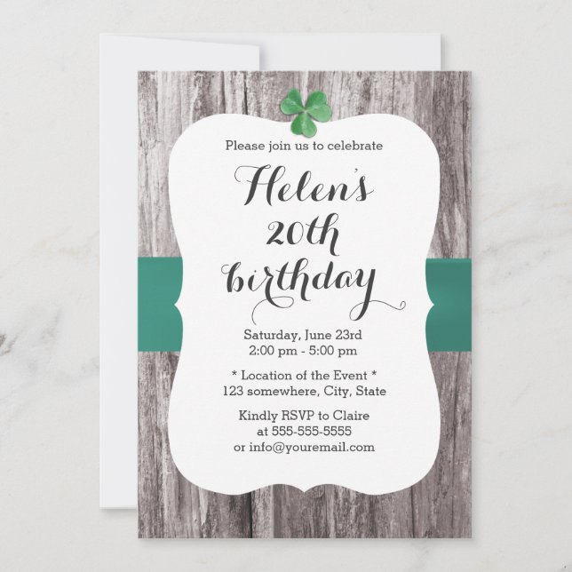 Simple Shamrock Teal Ribbon Wood Birthday Party Invitation (Front)