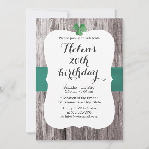 Simple Shamrock Teal Ribbon Wood Birthday Party 5x7 Paper Invitation Card