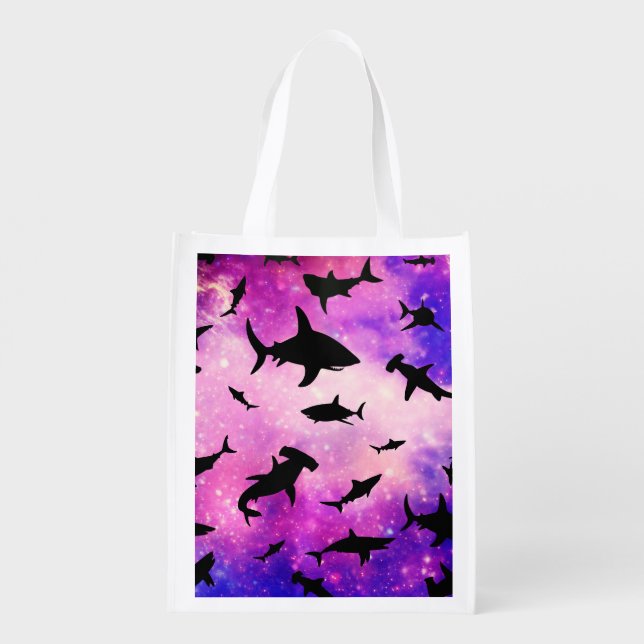 Simple shark fish jaws whale ocean galaxy pattern grocery bag (Back)