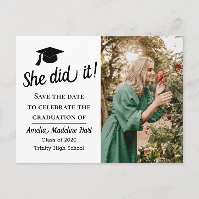 Simple | She Did It Save The Date Graduate Photo Postcard (Front)