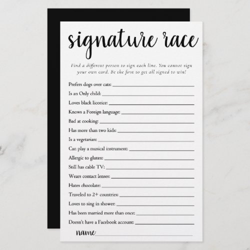 Simple Signature Race  Black and White Game Card