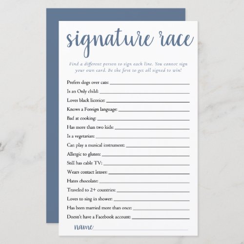 Simple Signature Race  Dusty Slate Blue Game Card