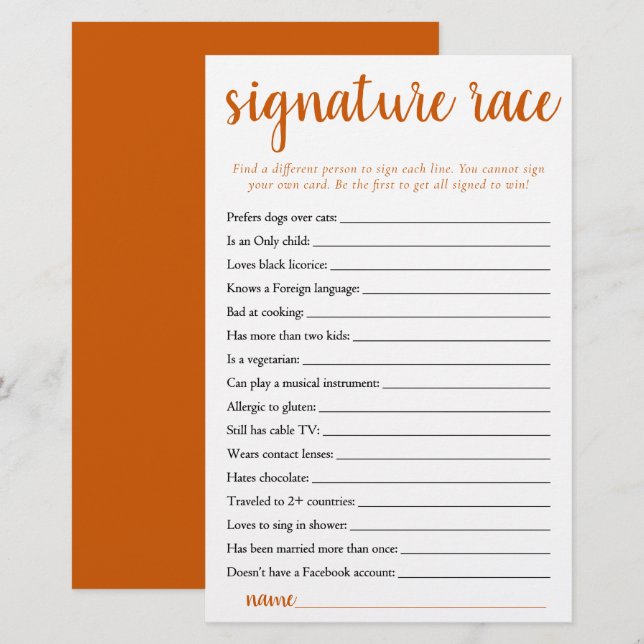 Simple Signature Race | Fall Orange Game Card (Front/Back)