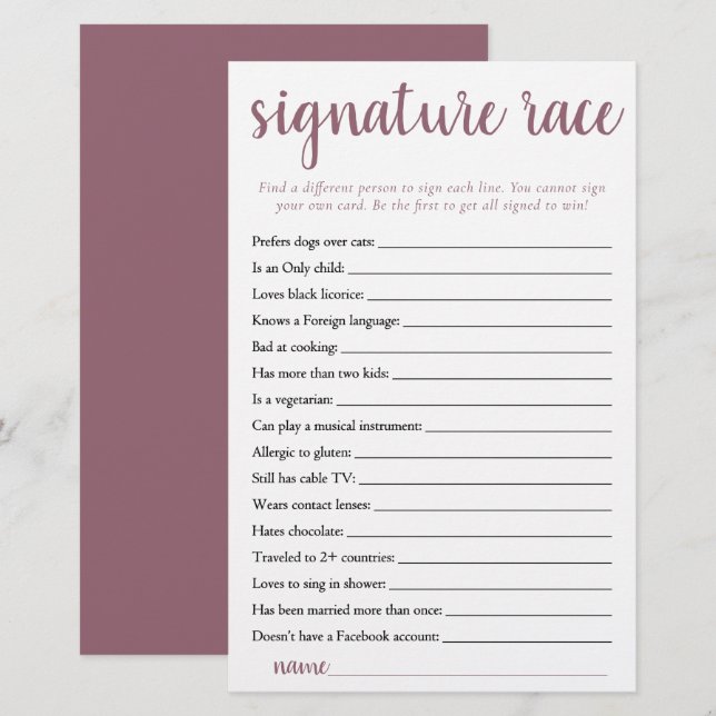 Simple Signature Race | Mauve Pink Game Card (Front/Back)