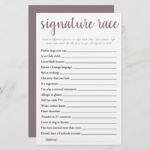 Simple Signature Race  Mauve Pink Game Card