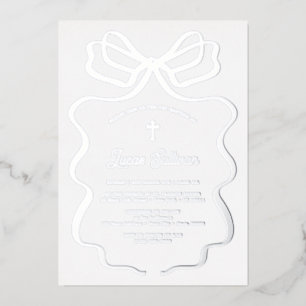 Simple Silver Bow Baptism Foil Invitation