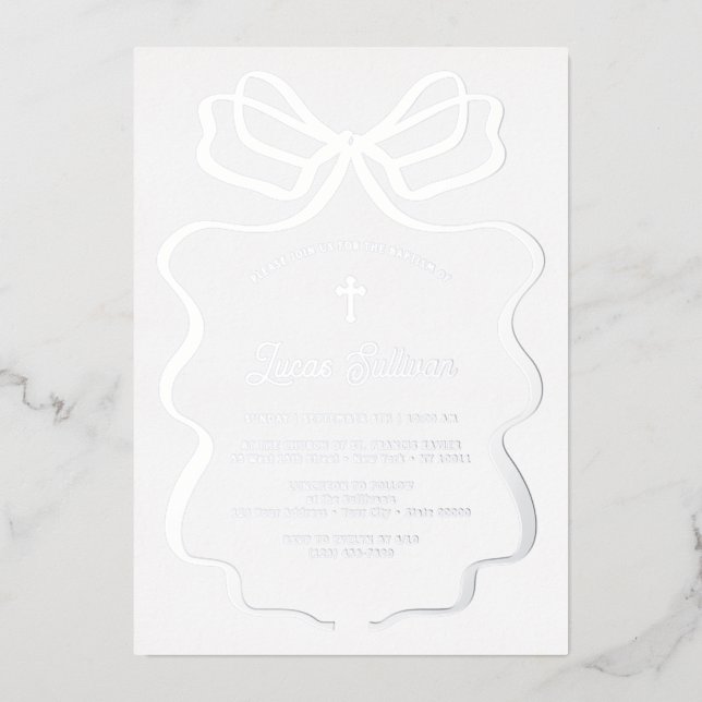 Simple Silver Bow Baptism Foil Invitation (Front)