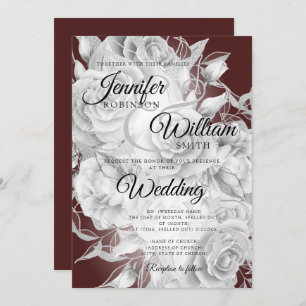 Simple Silver & Burgundy Elegant Floral Wedding Invitation