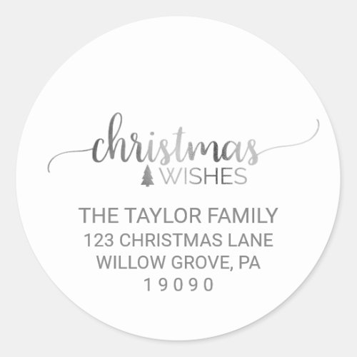 Simple Silver Calligraphy Christmas Return Address Classic Round Sticker