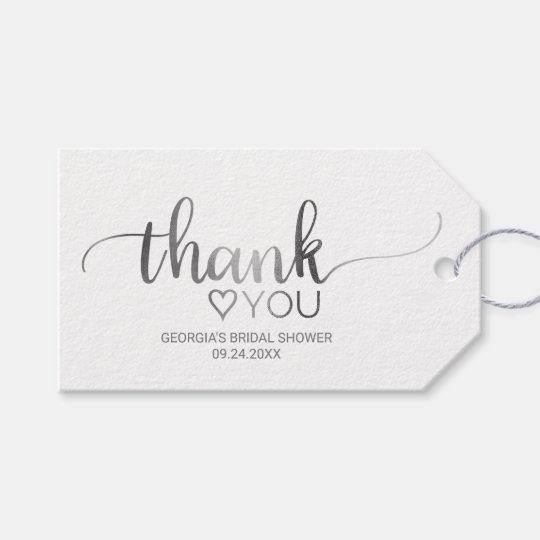 Simple Silver Calligraphy Thank You Bridal Shower Gift Tags | Zazzle.com