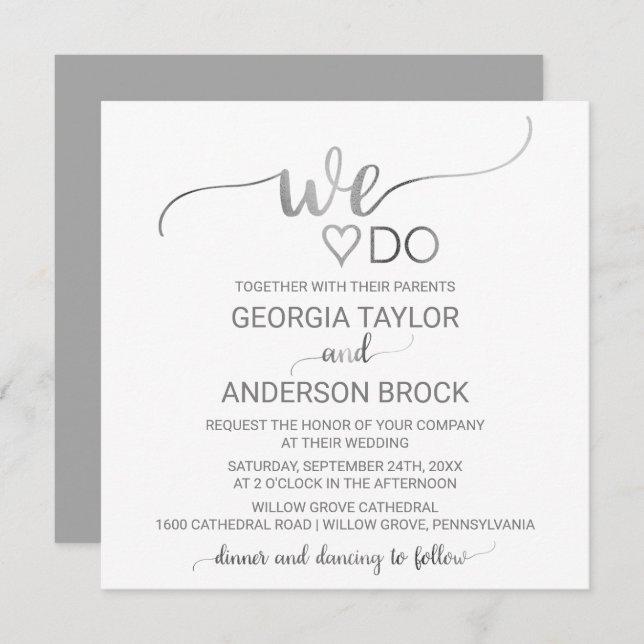 Simple Silver Calligraphy "We Do" Square Wedding Invitation (Front/Back)