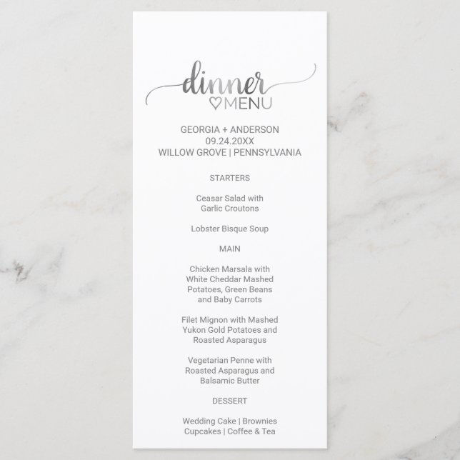 Simple Silver Calligraphy Wedding Dinner Menu Card (Front)