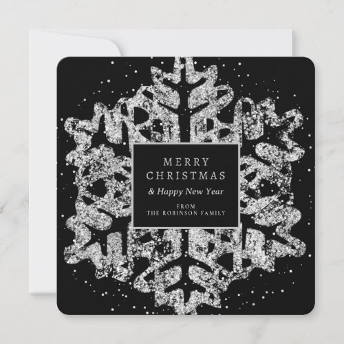 Simple Silver Christmas Glitter Snowflake Black Holiday Card