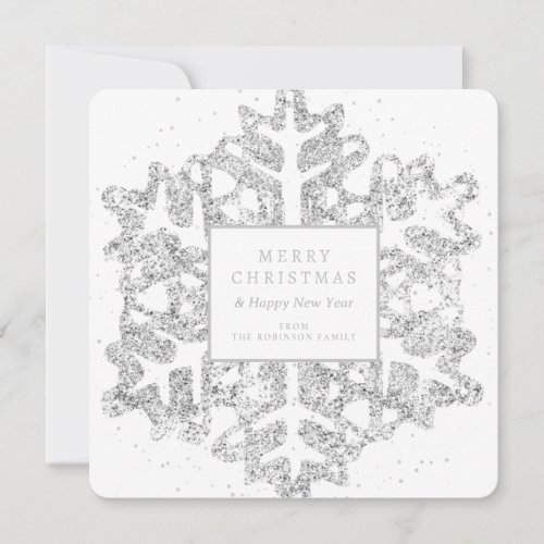 Simple Silver Christmas Glitter Snowflake Family  Holiday Card
