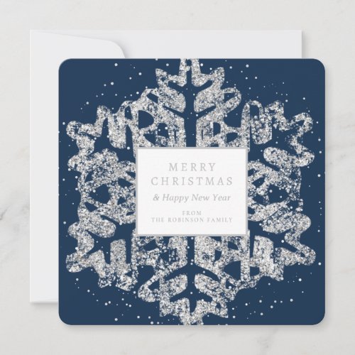 Simple Silver Christmas Glitter Snowflake Navy  Holiday Card