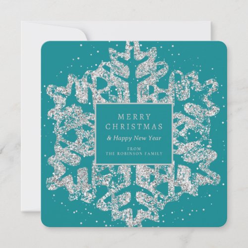 Simple Silver Christmas Glitter Snowflake Teal  Holiday Card
