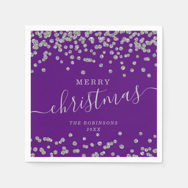 Simple Silver Christmas Holidays Glitter Purple Napkins (Front)