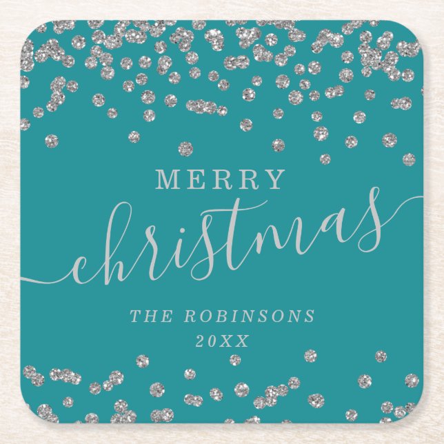 Simple Silver Christmas Holidays Glitter Teal Square Paper Coaster (Front)