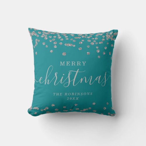 Simple Silver Christmas Holidays Glitter Teal Throw Pillow
