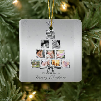 Simple Silver Christmas Tree Photo Collage Ceramic Ornament