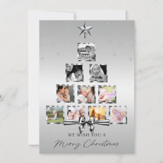 Simple Silver Christmas Tree Photo Collage Holiday Card