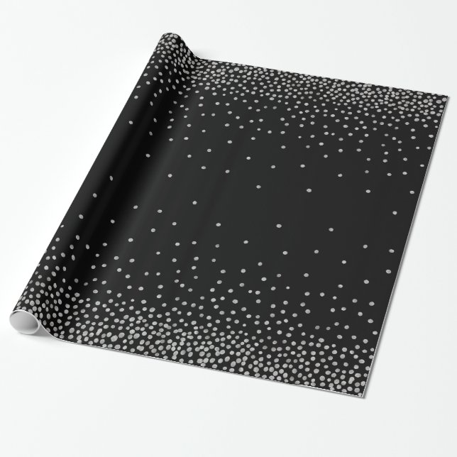 Simple Silver Confetti Over Black Holiday Style Wrapping Paper (Unrolled)
