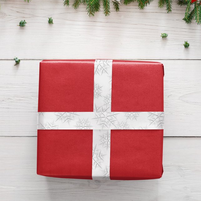 Simple Silver Elegant Winter Snowflake Pattern Satin Ribbon (Silver snowflake pattern simple ribbon.)