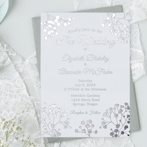 Simple silver floral on elegant blue white wedding foil invitation