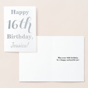 Simple Silver Foil 16th Birthday + Custom Name Card